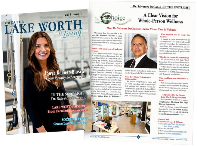 Greater Lake Worth Living magazine cover beside the open feature article about Dr. Salvatore DeCanio and Choice Vision Care & Wellness